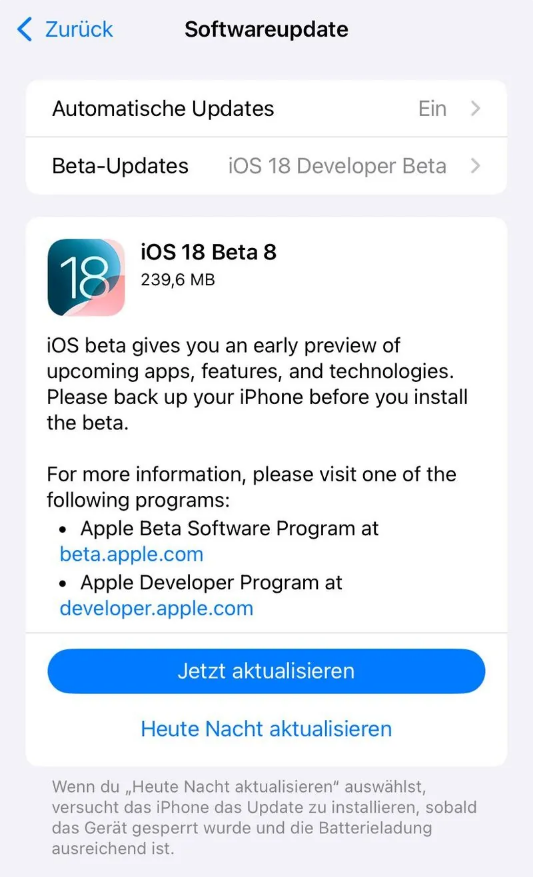 凤阳苹果手机维修分享苹果 iOS / iPadOS 18 开发者预览版 Beta 8 发布 